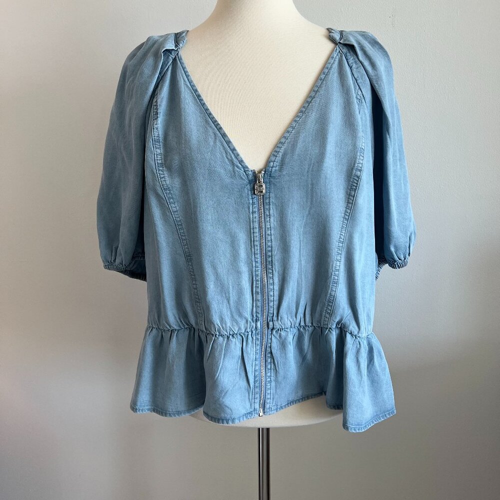 DKNY denim peplum, puff sleeve top size XL